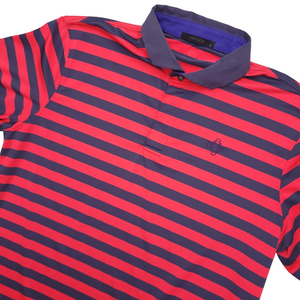 Greyson Polo Shirt Mens L Red Stripe Golf Performance Stretch Wolf Logo Top